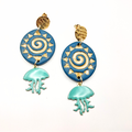 boucles oreilles pate fimo argile polymere resine uv fait main piece unique jadoretesboucles j'adore tes boucles jtb acier inoxydable vendée créatrice française made in France bleu canard pendantes méduse
