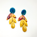 boucles oreilles pate fimo argile polymere resine uv fait main piece unique jadoretesboucles j'adore tes boucles jtb acier inoxydable vendée créatrice française made in France  feuille jaune bordeaux bleu paillettes