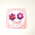 boucles oreilles clou pate fimo argile polymere resine uv fait main piece unique jadoretesboucles j'adore tes boucles jtb acier inoxydable vendée créatrice française made in France fleur paillettes violet