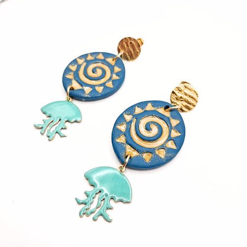 boucles oreilles pate fimo argile polymere resine uv fait main piece unique jadoretesboucles j'adore tes boucles jtb acier inoxydable vendée créatrice française made in France bleu canard pendantes méduse