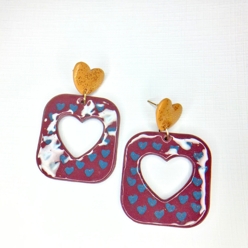 boucles oreilles pate fimo argile polymere resine uv fait main piece unique jadoretesboucles j'adore tes boucles jtb acier inoxydable vendée créatrice française made in France coeur carré bordeaux moutarde bleu