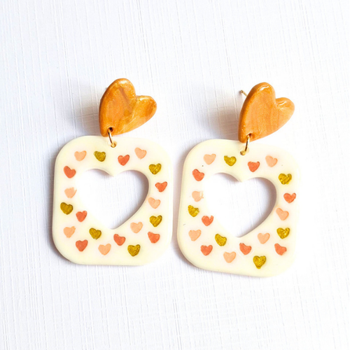 boucles oreilles pate fimo argile polymere resine uv fait main piece unique jadoretesboucles j'adore tes boucles jtb acier inoxydable vendée créatrice française made in France resine UV automne marron or coeur rond