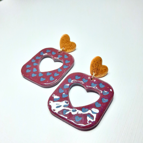 boucles oreilles pate fimo argile polymere resine uv fait main piece unique jadoretesboucles j'adore tes boucles jtb acier inoxydable vendée créatrice française made in France coeur carré bordeaux moutarde bleu
