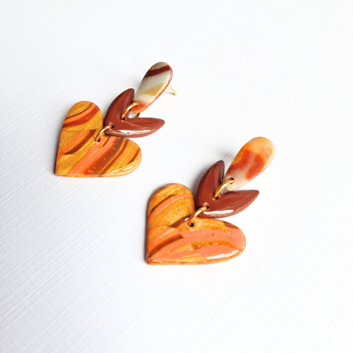 boucles oreilles pate fimo argile polymere resine uv fait main piece unique jadoretesboucles j'adore tes boucles jtb acier inoxydable vendée créatrice française made in France resine UV coeur marron or automne