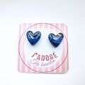 boucles oreilles clou pate fimo argile polymere resine uv fait main piece unique jadoretesboucles j'adore tes boucles jtb acier inoxydable vendée créatrice française made in France coeur bleu marine