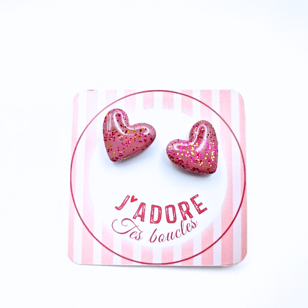 boucles oreilles clou pate fimo argile polymere resine uv fait main piece unique jadoretesboucles j'adore tes boucles jtb acier inoxydable vendée créatrice française made in France coeur  vieux rose paillettes
