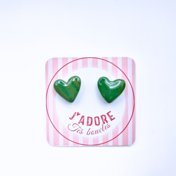 boucles oreilles clou pate fimo argile polymere resine uv fait main piece unique jadoretesboucles j'adore tes boucles jtb acier inoxydable vendée créatrice française made in France coeur  vert