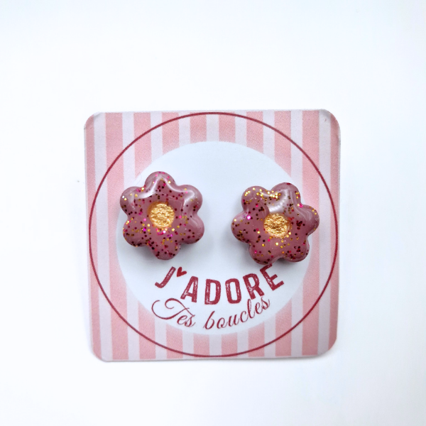 boucles oreilles clou pate fimo argile polymere resine uv fait main piece unique jadoretesboucles j'adore tes boucles jtb acier inoxydable vendée créatrice française made in France fleur vieux rose paillettes