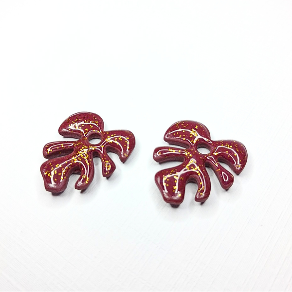 pampilles anneaux créoles charm pate fimo argile polymere resine uv fait main piece unique jadoretesboucles j'adore tes boucles jtb acier inoxydable vendée créatrice française made in France monstera bordeaux paillettes