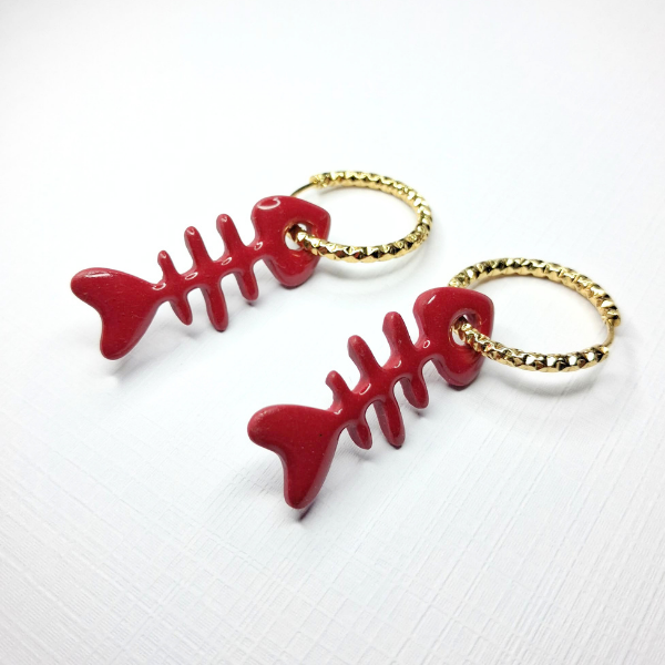 pampilles anneaux créoles charm pate fimo argile polymere resine uv fait main piece unique jadoretesboucles j'adore tes boucles jtb acier inoxydable vendée créatrice française made in France arête poisson bordeaux paillettes